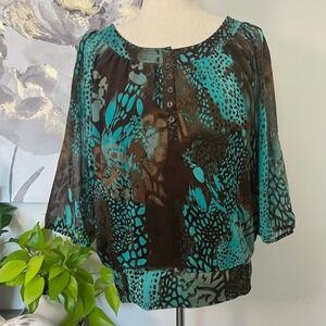 Boho Blouse Teal Brown Abstract Print Flow Top Butterfly Earthy Balloon Sleeve